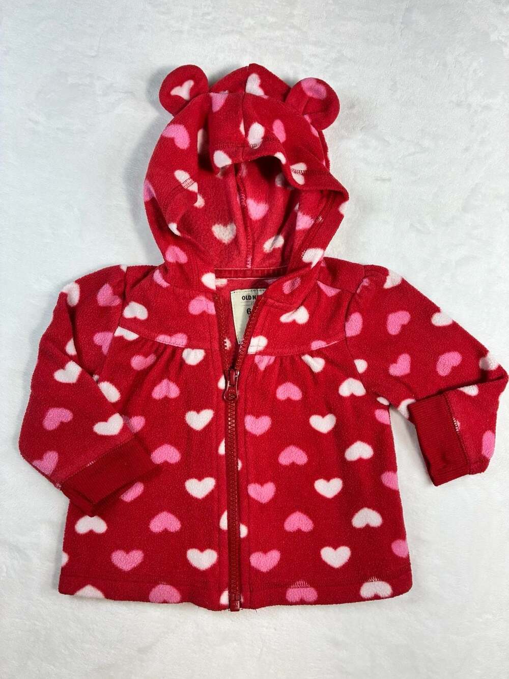 Old Navy Fleece Zip-Up Hoodie Size 6-12 Months Red Heart Print Ears